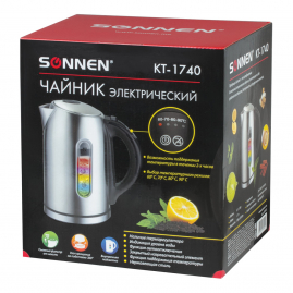 Чайник электрический SONNEN KT-1740 1,7л 2200Вт терморегулятор, нержавеющая сталь 453421