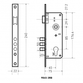 Замок врезной Аллюр 9045-3RB CP
