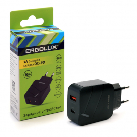 Зарядное устройство ERGOLUX ELX-РA01QC-C02 сетевое 5-9В-3А, 1хUSB+1Type C, 18Вт, черное 15108