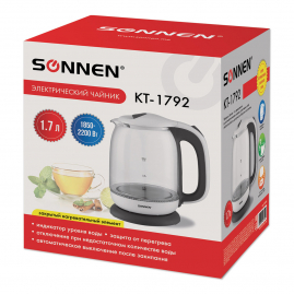 Чайник электрический SONNEN KT-1792 1,7л 2200Вт стекло, белый, подсветка 454348